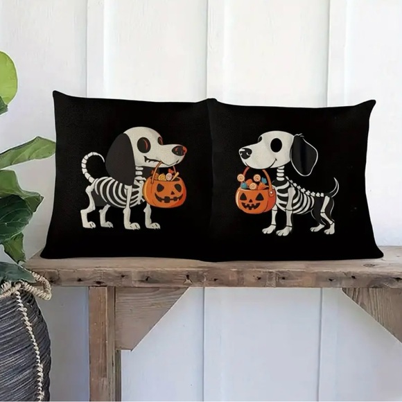 Set of two Halloween Dachshund skeleton pillow covers zipper closure 18" x 18" - Picture 2 of 3